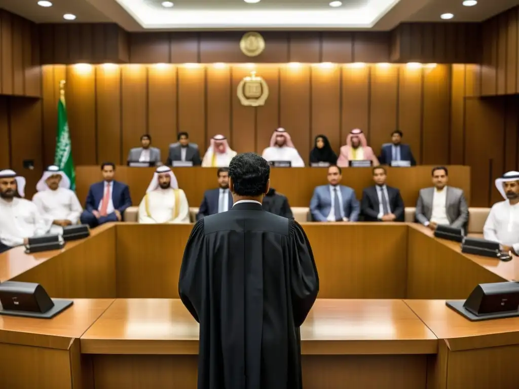 Una impactante escena documental en una abarrotada sala de tribunal en Arabia Saudita durante un caso de pena de muerte