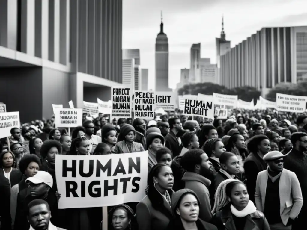 Una impactante foto en blanco y negro de una multitud diversa manifestando pacíficamente por los derechos humanos y la paz