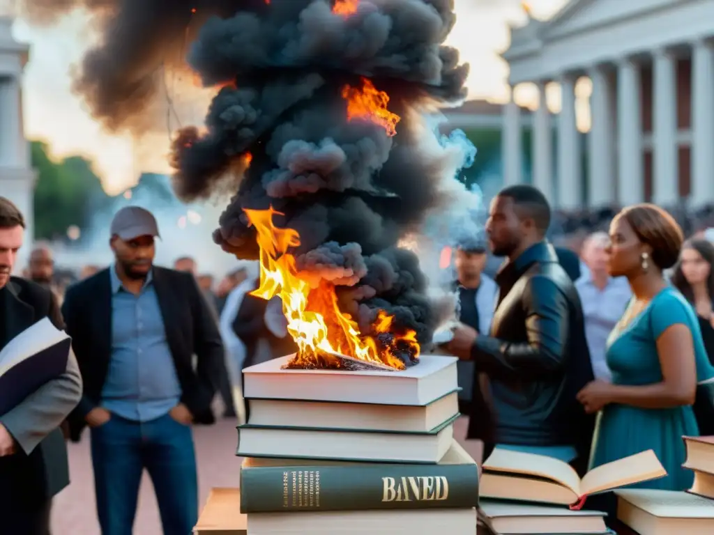 Una impactante imagen en blanco y negro de libros prohibidos ardiendo en una plaza pública, con gente observando con conmoción