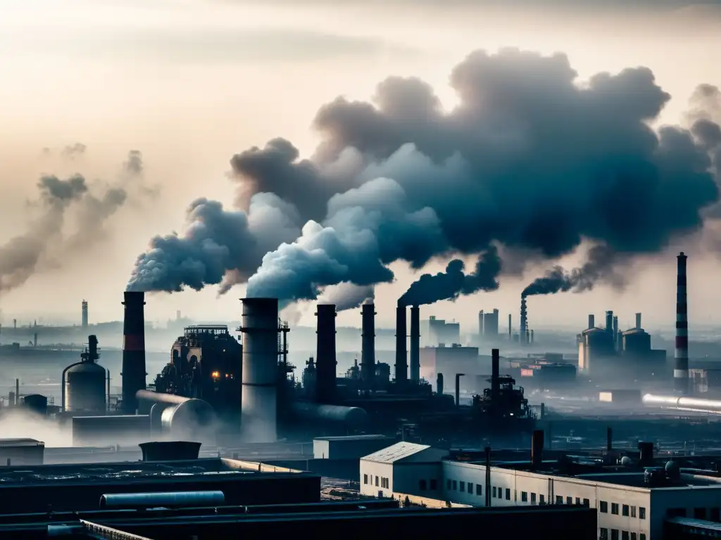 Una impactante imagen documental de una ciudad industrial cubierta por una densa capa de smog, con altas chimeneas emitiendo contaminación