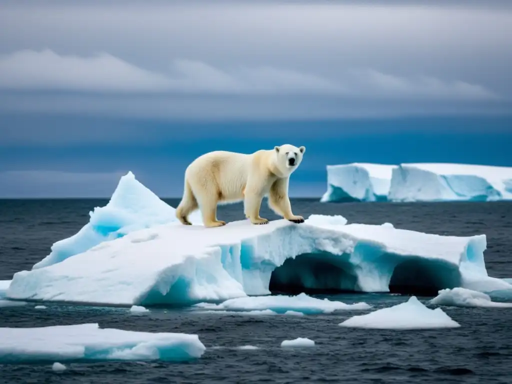 Una impactante imagen documental de un oso polar en un iceberg derretido, reflejando el impacto del cambio climático en el derecho a la vida