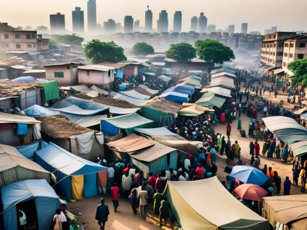 Una impactante imagen documental de una zona urbana abarrotada con personas de diversas procedencias y etnias, mostrando duras condiciones de vida y disparidades económicas que contribuyen a la pobreza global y la violación de los derechos humanos