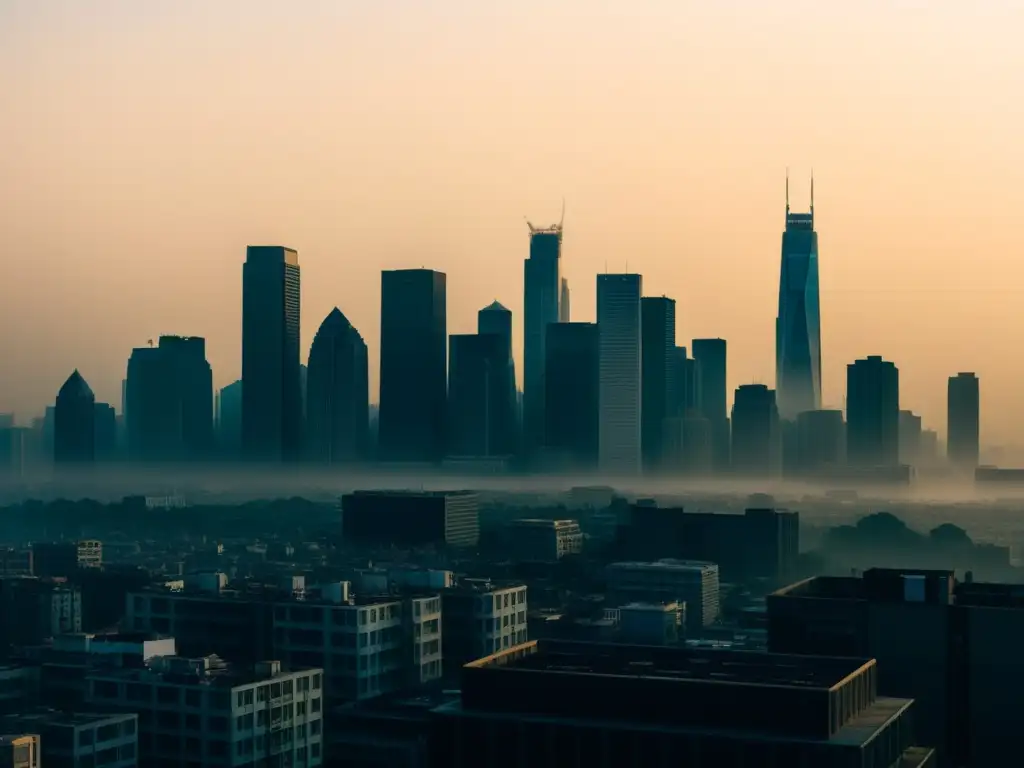 Una impactante imagen de un horizonte urbano cubierto por una densa capa de smog, destacando el desafío del cambio climático en los derechos civiles