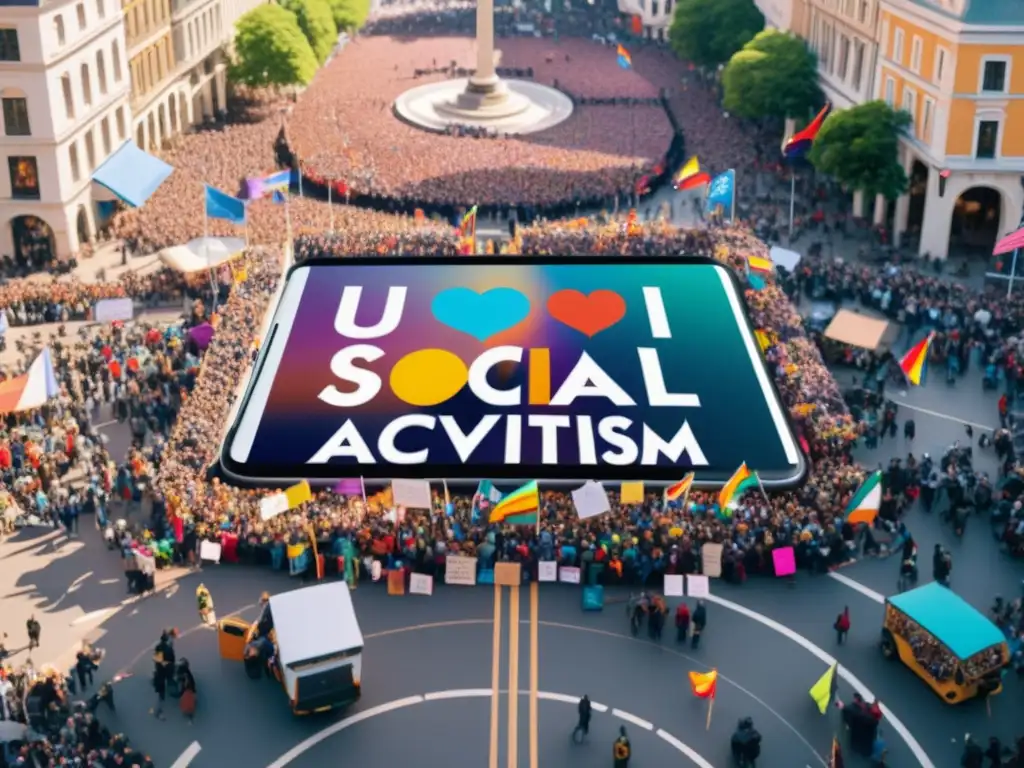 Una impactante imagen 8k de una plaza de ciudad llena de activistas digitales luchando por derechos humanos y cambio social