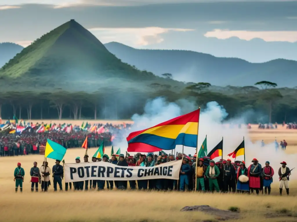 Manifestación impactante de indígenas en protesta con pancartas coloridas frente a guardias armados en un paisaje deforestado