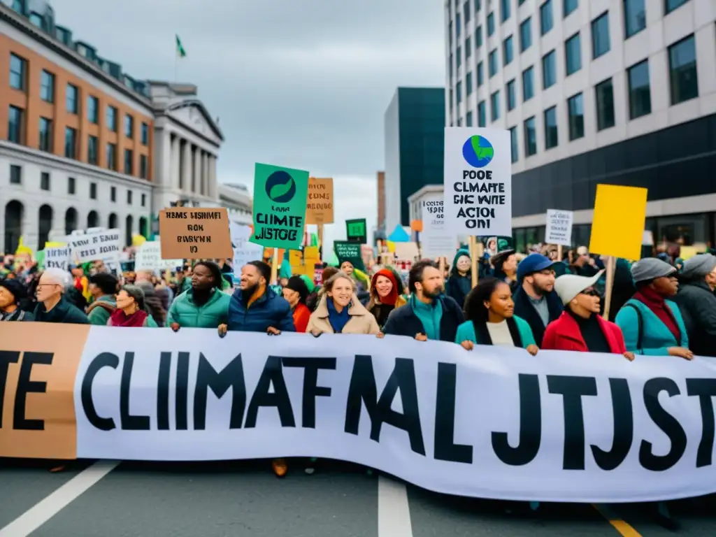 Una impactante manifestación por la justicia climática, con personas de todas las edades y orígenes sosteniendo pancartas coloridas