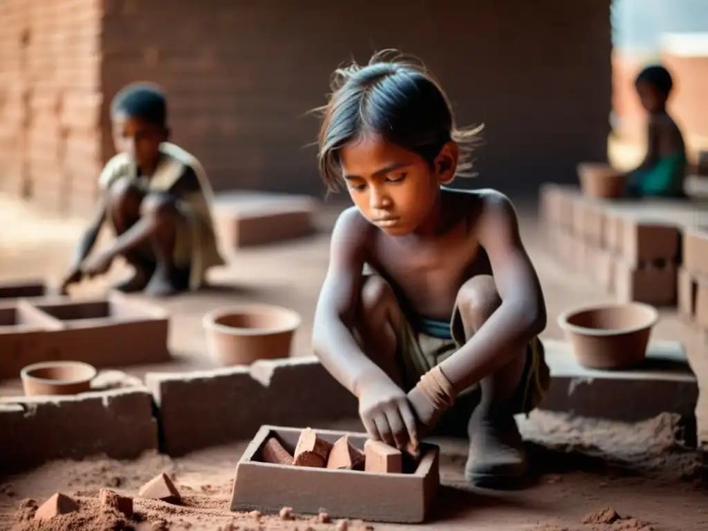 Un impactante retrato del trabajo infantil en una fábrica de ladrillos, donde niños moldean ladrillos bajo el sol abrasador