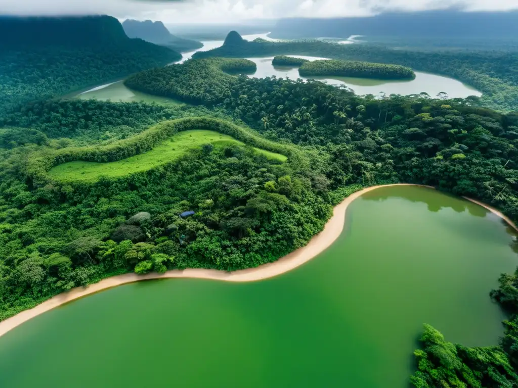 Una impactante vista aérea de una exuberante selva tropical, con un río serpenteando entre la densa vegetación