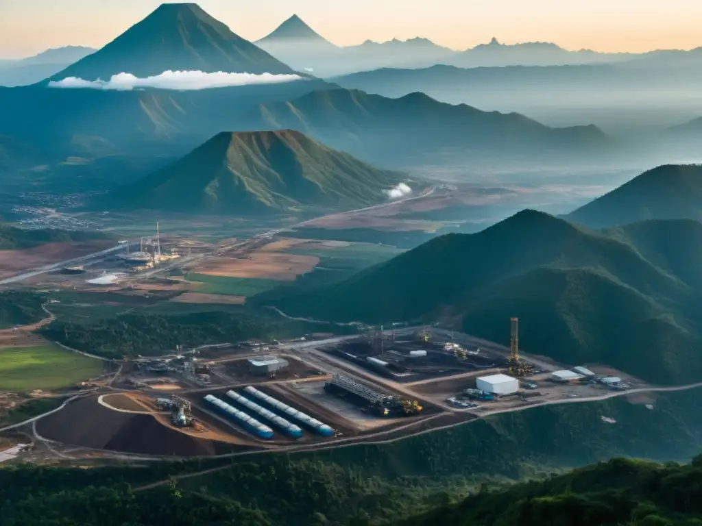 Impacto ambiental en Mina Marlin, Guatemala: paisaje expansivo que muestra la influencia industrial y el contraste con la naturaleza virgen