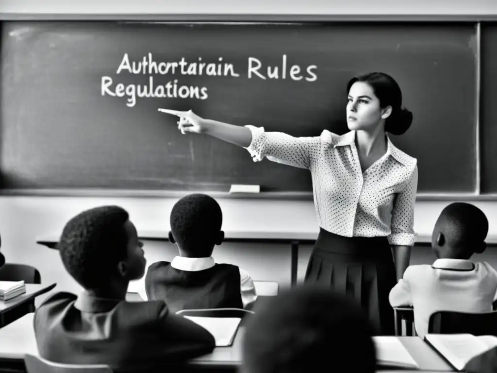 Impacto del autoritarismo en la educación juvenil: imagen en blanco y negro de estudiantes y maestro en aula con reglas autoritarias en pizarra