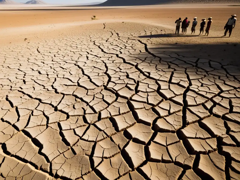 Impacto del cambio climático en conflictos armados: Imagen desgarradora de tierra agrietada y sequía, gente luchando por agua contaminada