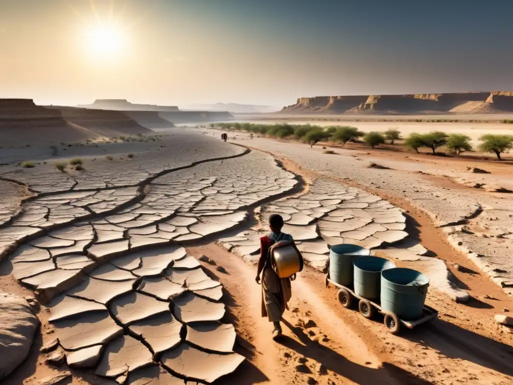 Impacto del cambio climático en conflictos armados: Paisaje desolador con un río seco y personas sedientas en busca de agua bajo un sol abrasador