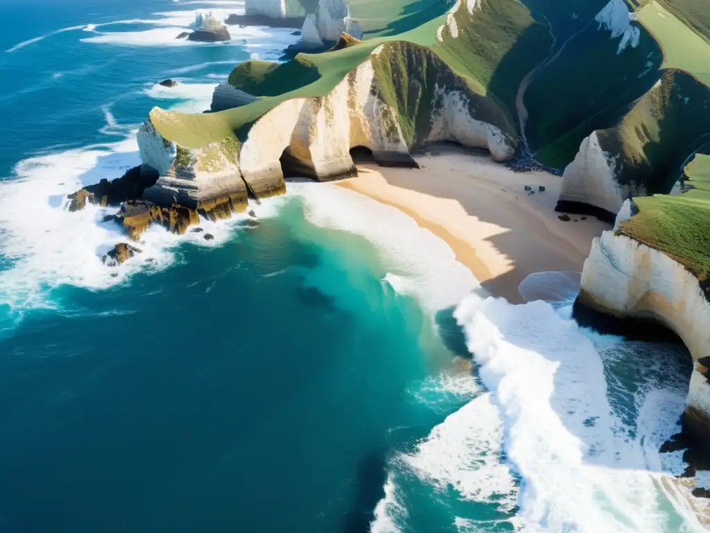 Impacto del cambio climático en los derechos humanos: impresionante vista aérea de la impactante costa, con acantilados erosionados y océano azul