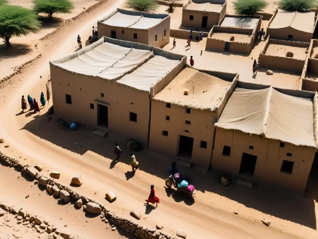 Impacto del cambio climático en la migración interna: pueblo rural en tierras áridas, gente llevando pertenencias bajo el sol implacable