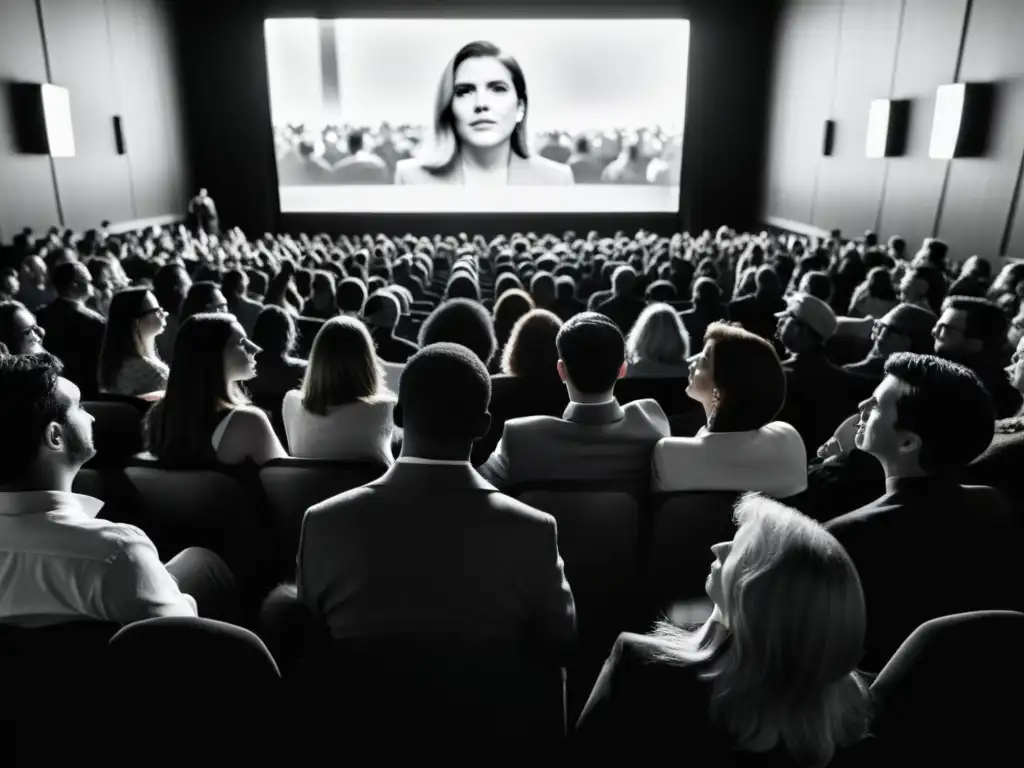 El impacto del cine en derechos humanos: público absorto en una película, reflejando emociones y contemplación en un teatro lleno