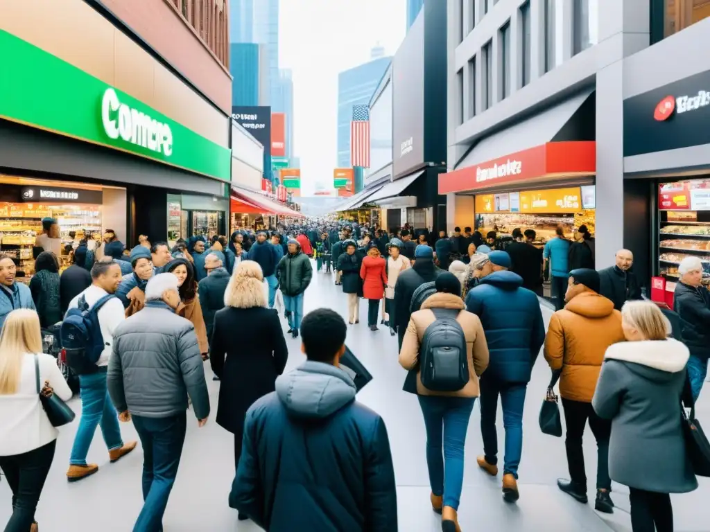 Impacto de la IA en el comercio: Escena urbana con interacción humana y tecnológica en una tienda de comestibles, mostrando contrastes y reflexiones