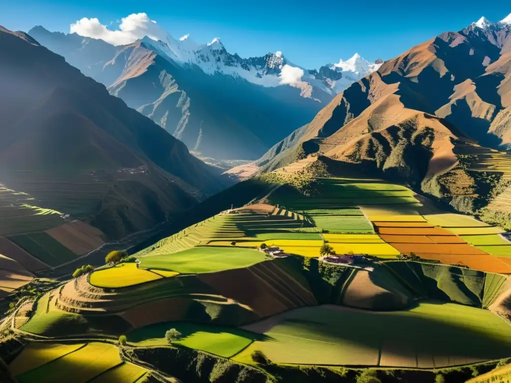 Impacto de las dictaduras en la estructura rural andina: panorama de los Andes con terrazas y labriegos que trabajan la tierra y cuidan llamas