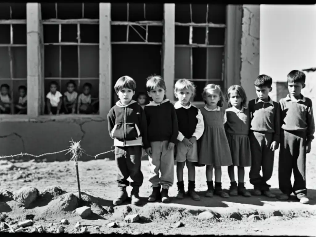 Impacto de las dictaduras en la vida de los niños en Europa del Este: grupo de niños sombríos frente a un edificio deteriorado y una alambrada