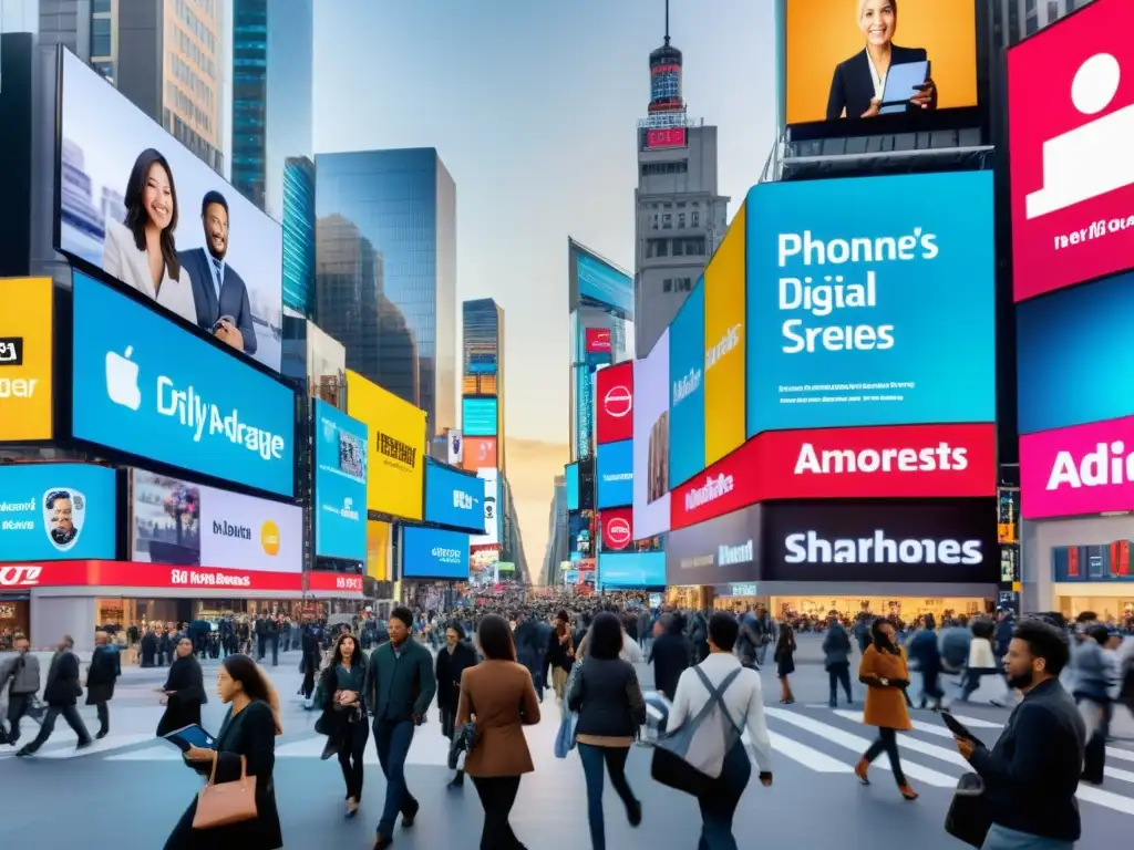 Impacto de la digitalización en la economía y los derechos humanos, reflejado en una bulliciosa calle llena de personas y dispositivos digitales