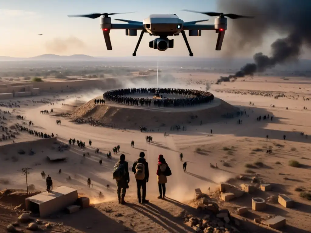 Desesperación bajo el dron: Impacto del conflicto en civiles Impacto de los drones en los derechos humanos: Civiles aterrados por dron en zona de guerra, reflejando el horror y la desesperación