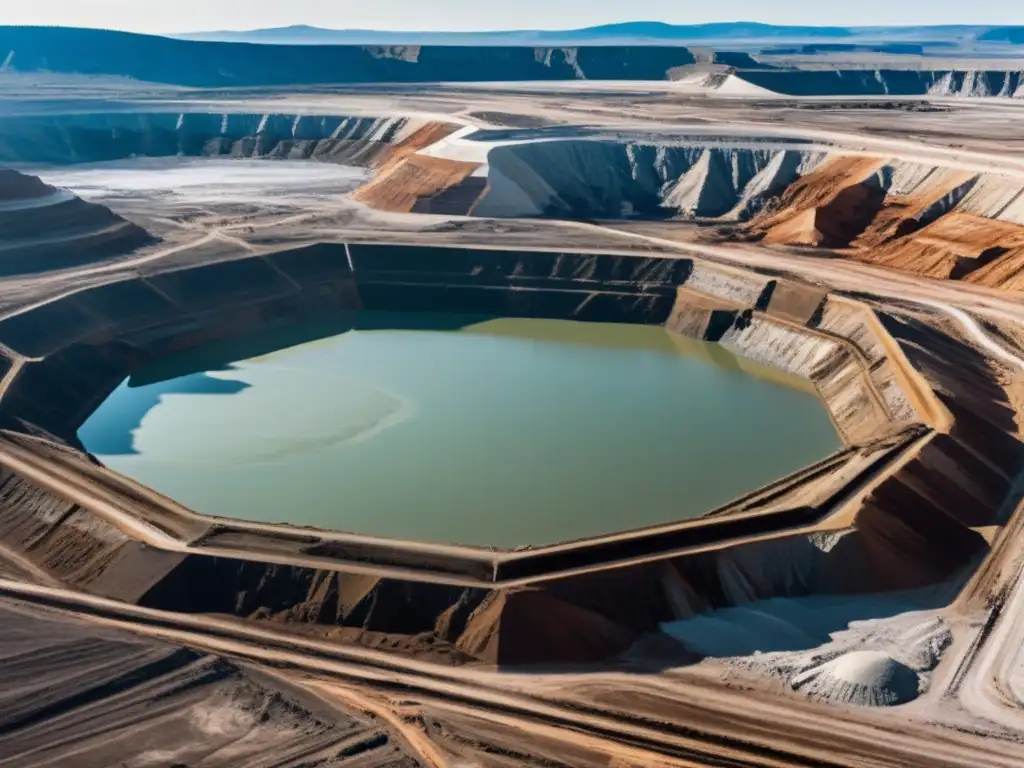 Impacto irreversibles minería gran escala: Imagen documental de una mina a cielo abierto rodeada de desolación y lagunas tóxicas