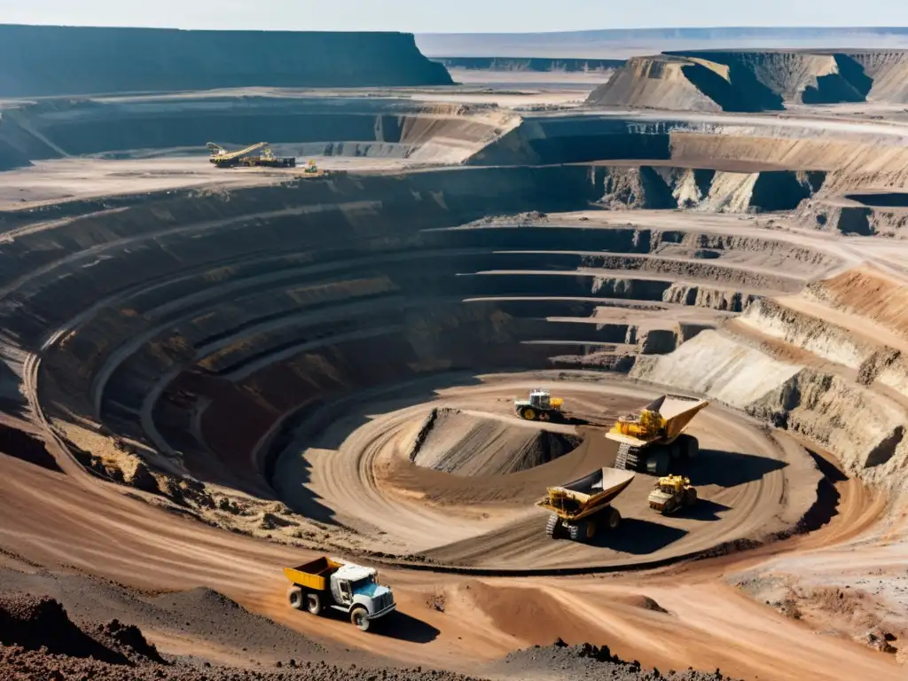 Impacto de la minería en derechos humanos: Imponente mina a cielo abierto, maquinaria en un paisaje agreste y remoto