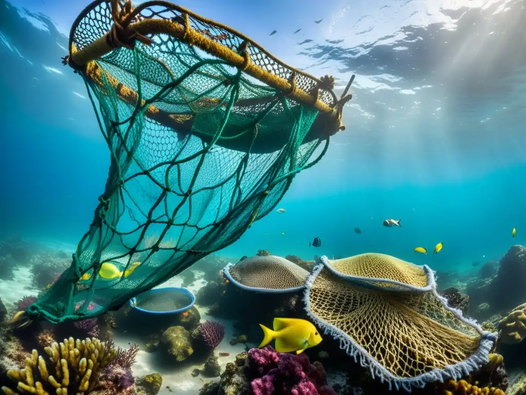 Impacto de la pesca insostenible en ecosistemas marinos: peces atrapados en redes abandonadas en arrecife de coral