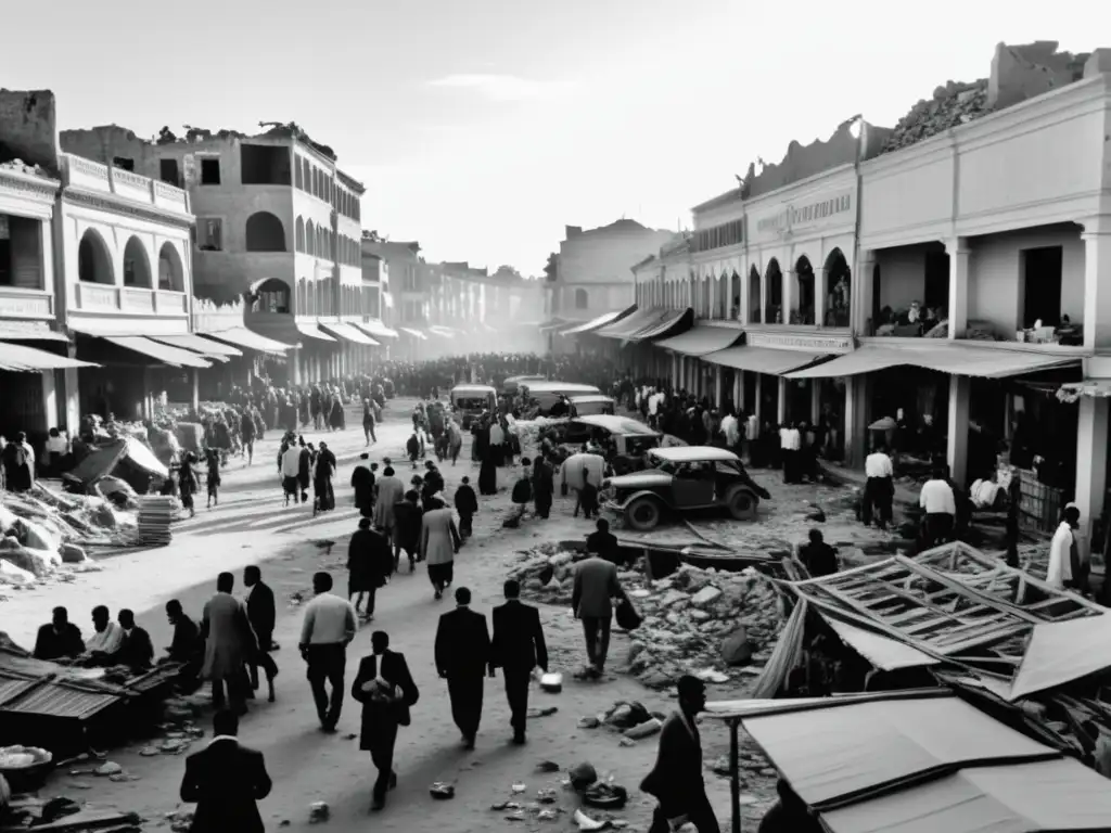 Impacto de las sanciones económicas en los derechos humanos, reflejado en una concurrida plaza de mercado en una ciudad devastada por la guerra