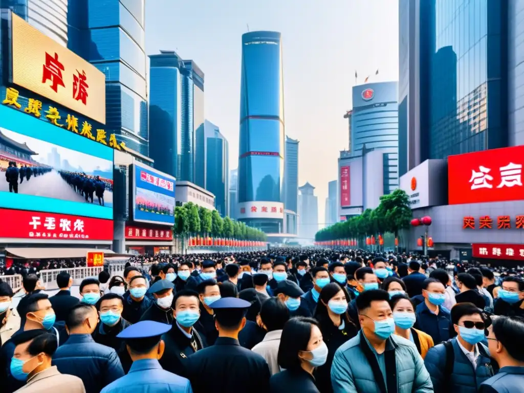 Impacto de la tecnología represiva en la sociedad china: Calle abarrotada con edificios altos, presencia policial y cámaras de vigilancia