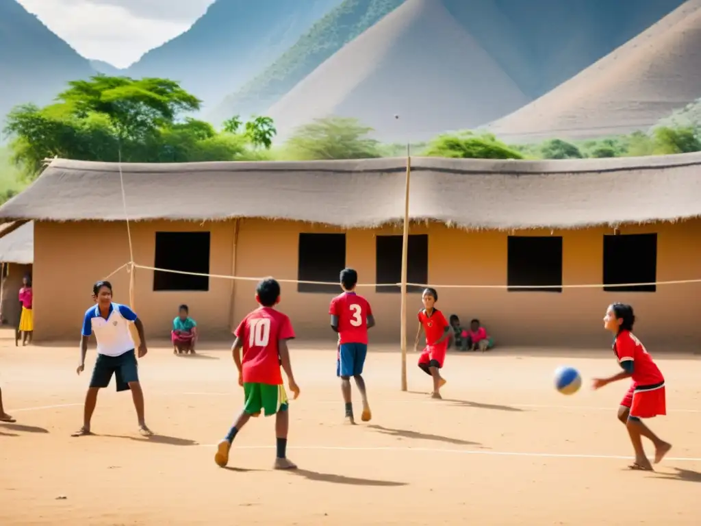 Impacto del voleibol en comunidades indígenas: Juego vibrante y alegre en una remota aldea, con jugadores de ropa tradicional