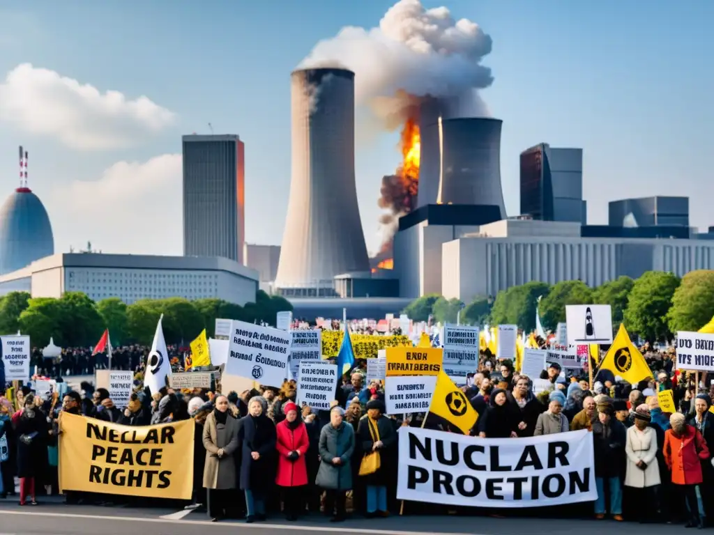 Manifestación por las implicaciones del tratado de no proliferación nuclear, activistas determinados exigen paz y derechos humanos, fondo de ciudad