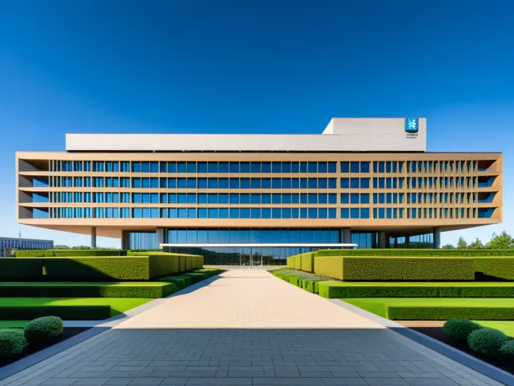 Imponente arquitectura moderna de la Corte Penal Internacional en La Haya, con un paisaje circundante