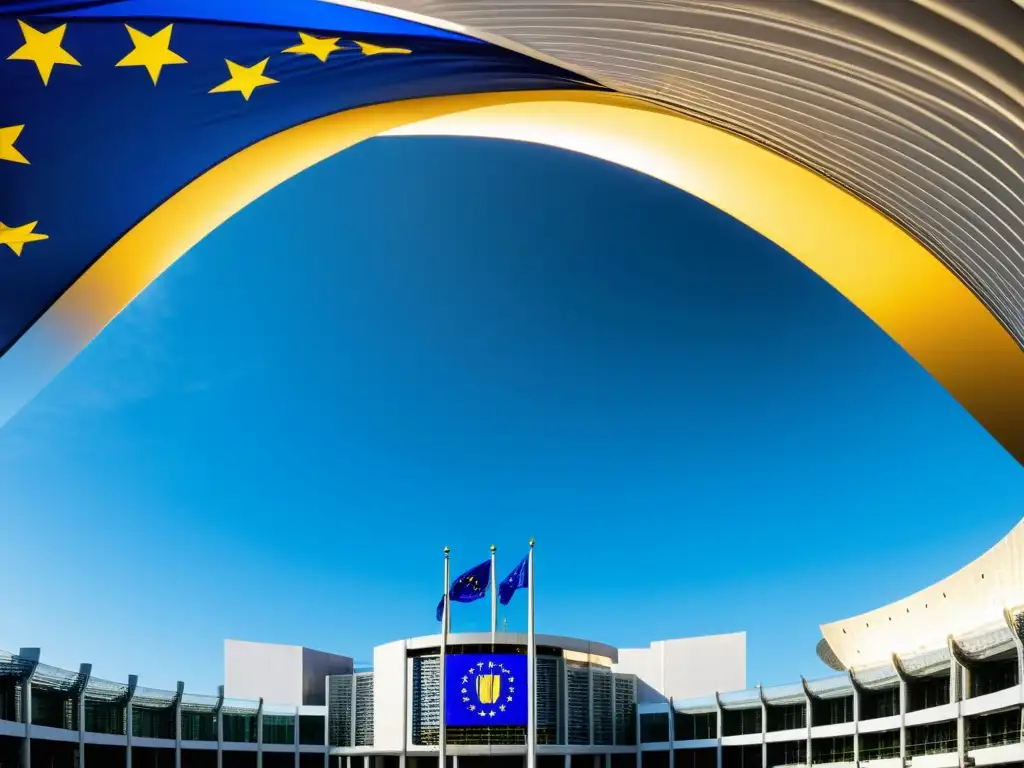 Imponente edificio del Parlamento Europeo en Bruselas, con la bandera de la UE ondeando