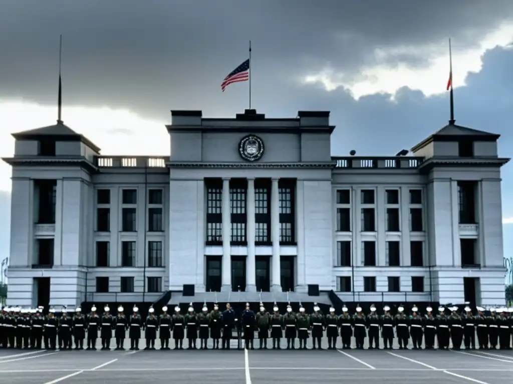 Imponente edificio gubernamental rodeado de alambradas y guardias, perpetuación del miedo en regímenes autoritarios