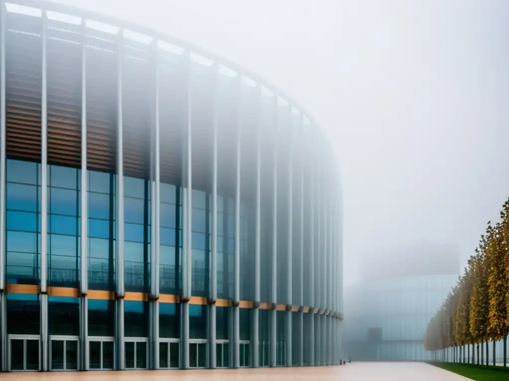 Imponente edificio del Tribunal Europeo de Derechos Humanos en la neblina de la mañana, evocando el impacto del Tratado de Lisboa