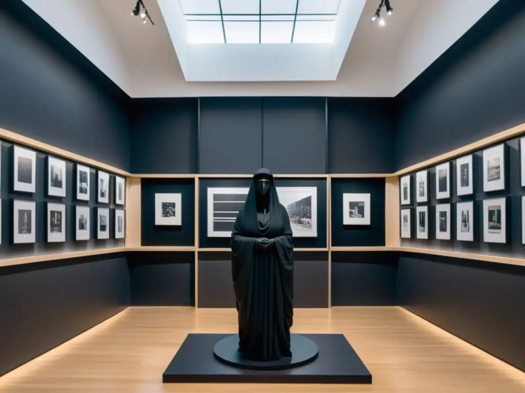 Imponente escultura velada en galería de arte del Medio Oriente, simbolizando censura de las artes en dictaduras