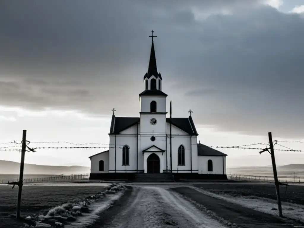 Imponente iglesia en paisaje desolado y alambre de púas, simbolizando la complicidad de la iglesia durante dictaduras en Europa del Este