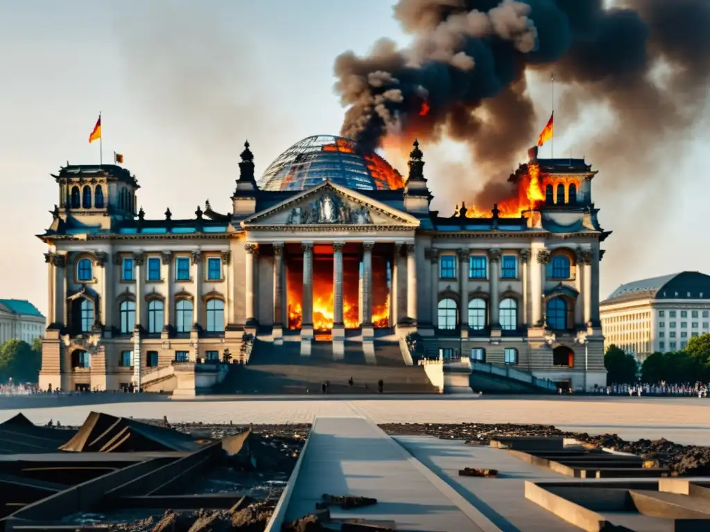 Imponente imagen en blanco y negro del incendio del Reichstag Tercer Reich, capturando caos y destrucción histórica