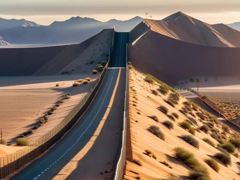 Imponente muro fronterizo en el desierto con alambre de púas y cámaras de vigilancia, proyectando una larga sombra al atardecer