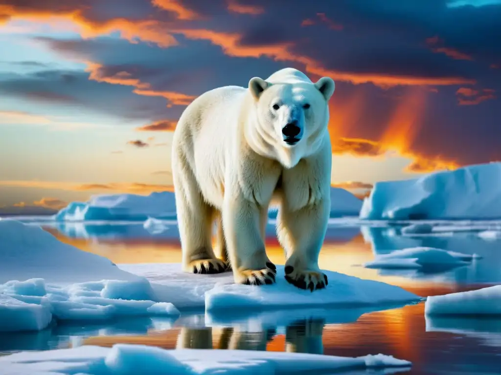 Imponente oso polar en un témpano de hielo derritiéndose, con un atardecer dramático