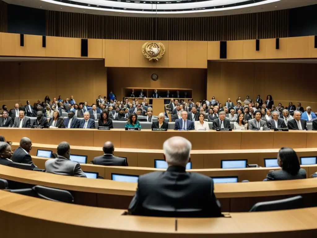 Imponente sala de tribunal en blanco y negro con justicia global crímenes lesa humanidad en el centro de la escena