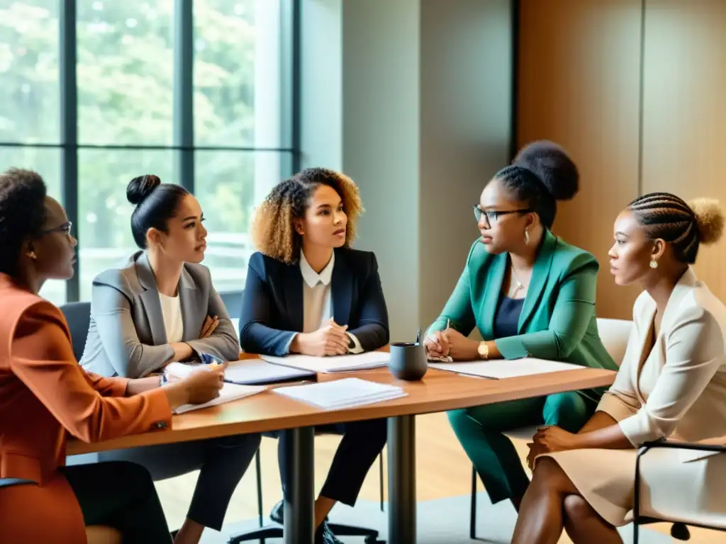 Importancia del género en la resolución de conflictos: Diversas mujeres en una reunión seria y profesional, simbolizando inclusividad y diversidad