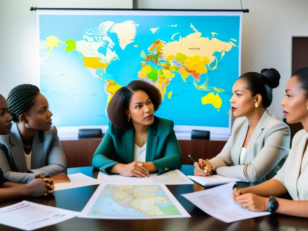 Importancia del género en la resolución de conflictos: Mujeres diversas negociando con determinación en una mesa llena de mapas y documentos