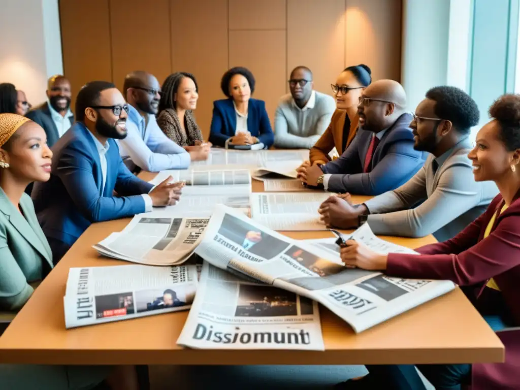 La importancia de los medios diáspora: diversidad cultural reunida en mesa, comunicación vibrante rodeada de periódicos, micrófonos y cámaras