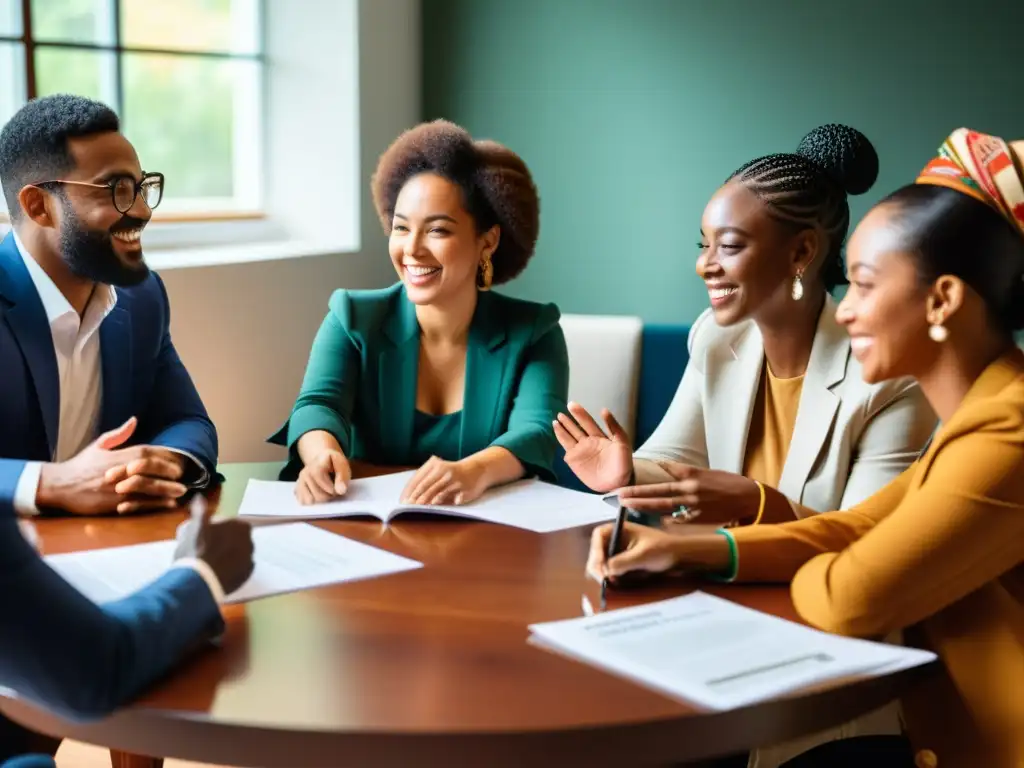 Importancia de los medios diáspora: Grupo diverso en animada discusión alrededor de una mesa, reflejando unidad en la diversidad