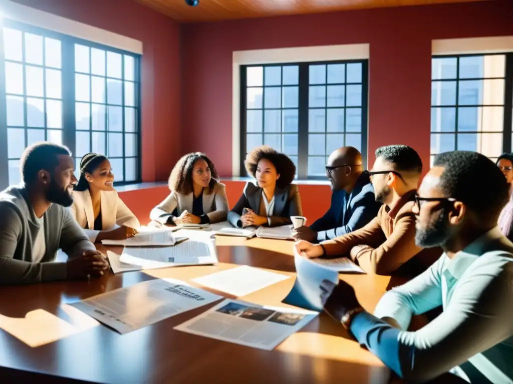 Importancia de los medios diáspora: Grupo diverso en animada discusión alrededor de una mesa, con dispositivos digitales y periódicos esparcidos