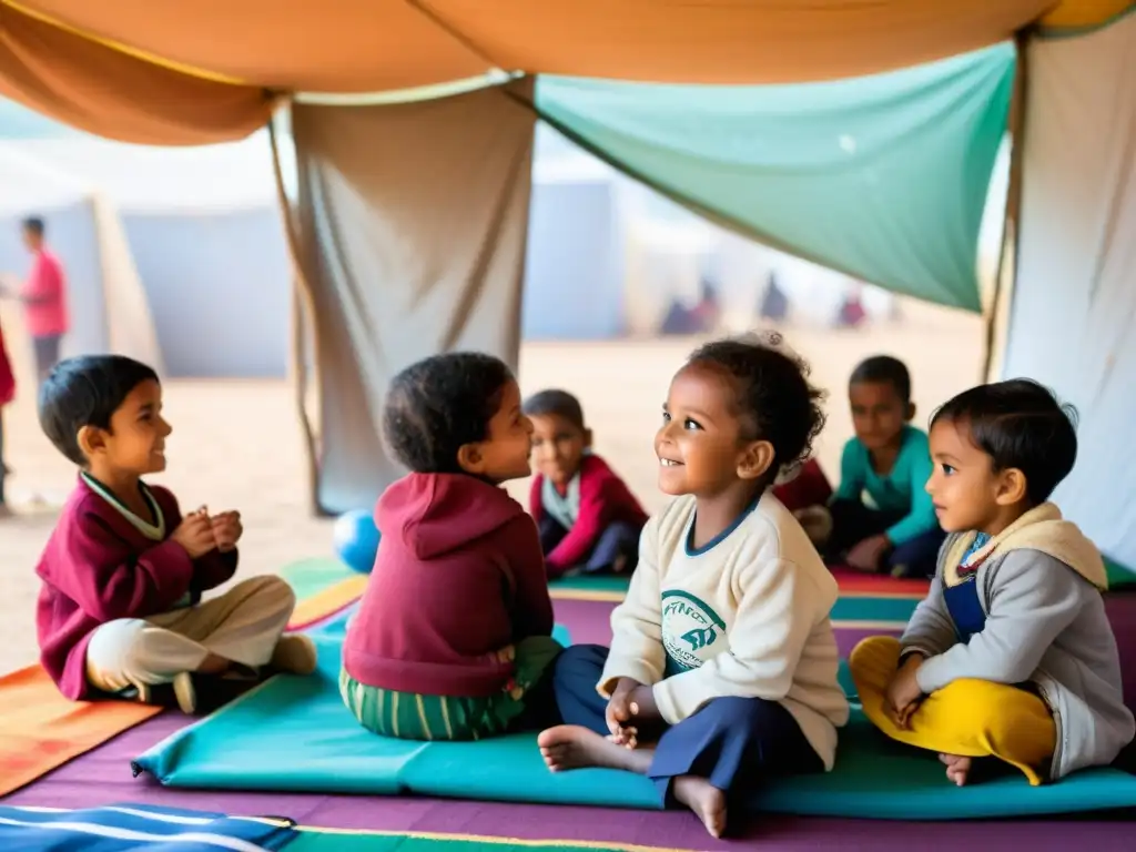 Importancia de la educación temprana en campamentos de refugiados: maestra y niños en aula improvisada, rodeados de juguetes y carteles educativos