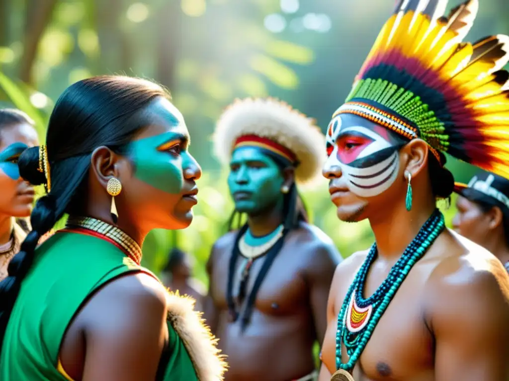 Una impresionante fotografía de una ceremonia tradicional de un grupo de indígenas con vestimenta vibrante y pintura facial