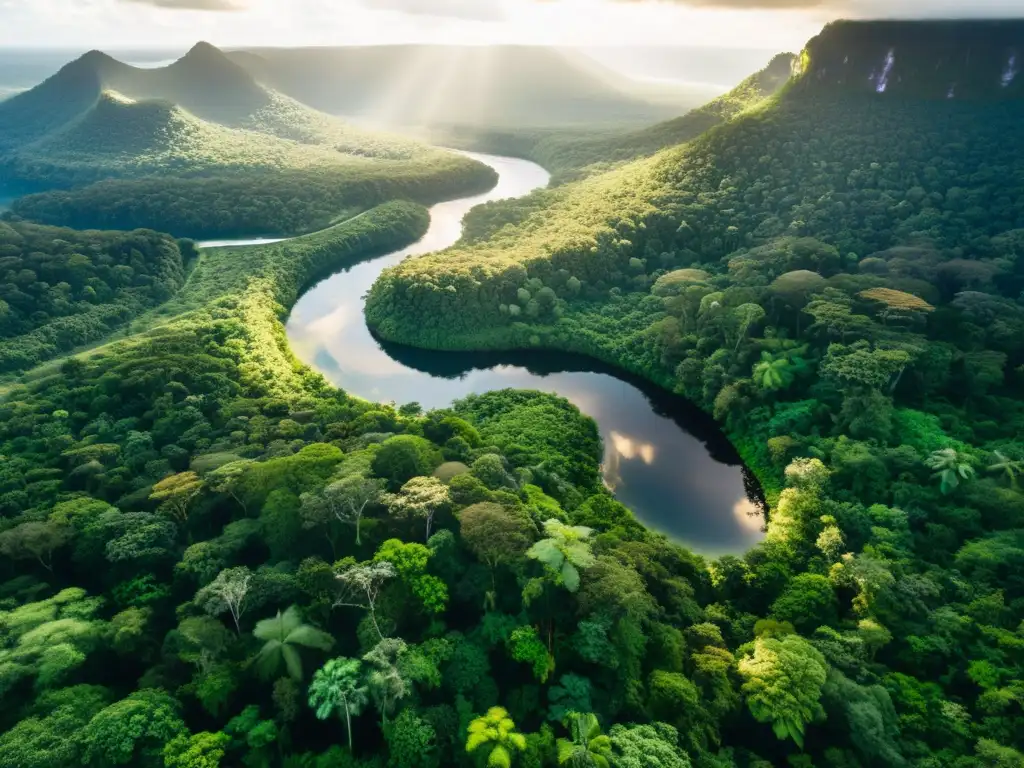 Una impresionante y exuberante selva tropical con vida silvestre diversa, río serpenteante y una atmósfera de belleza natural