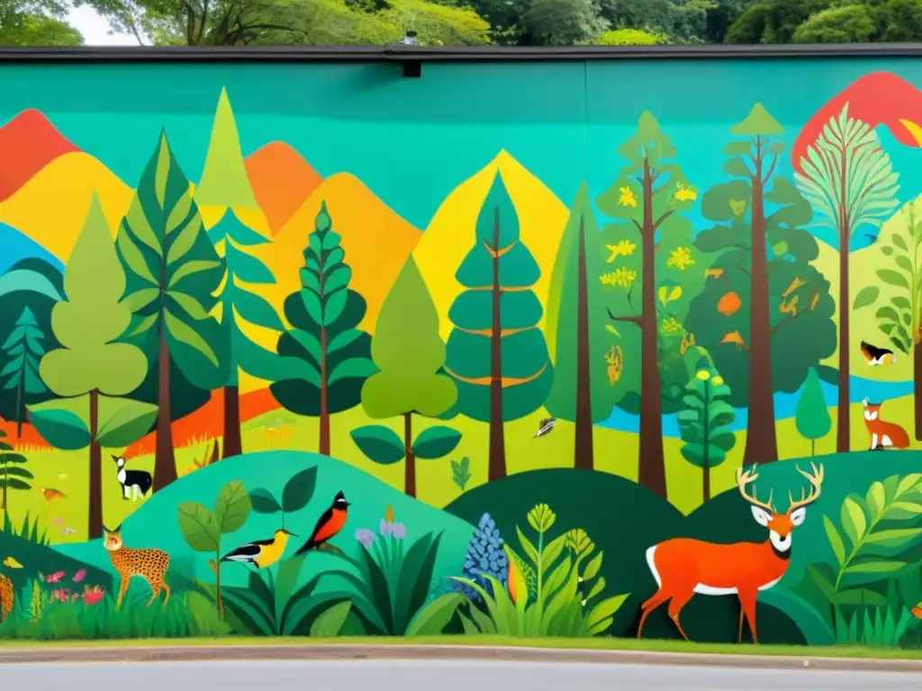 Un impresionante mural de expresiones artísticas como activismo ambiental en un bosque exuberante, rodeado de admiradores asombrados